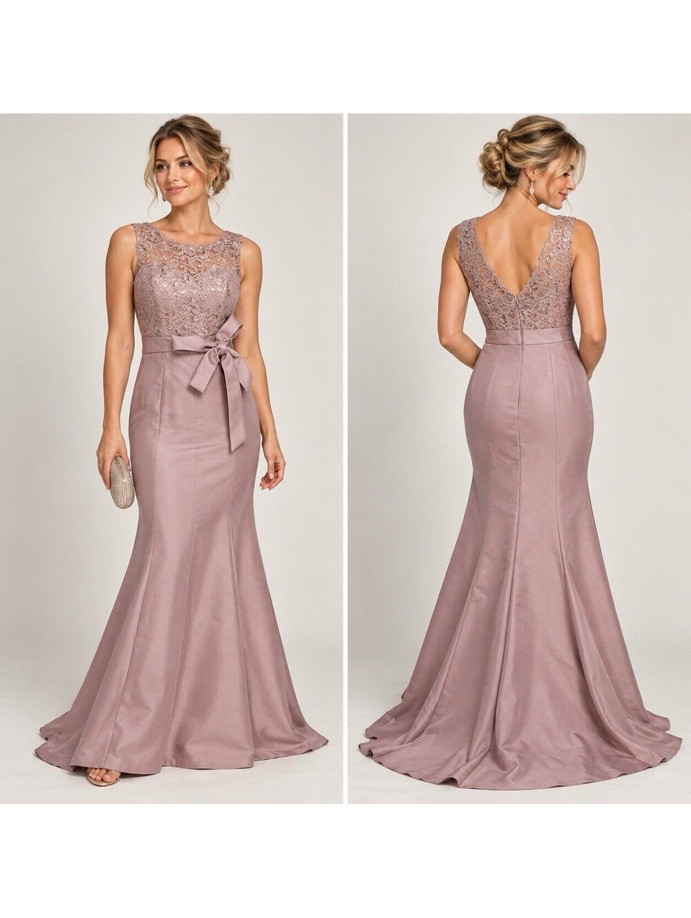 R&M Richards Petite 6P Dusty Rose Lace Sequin Mermaid Formal Evening Gown Hoco